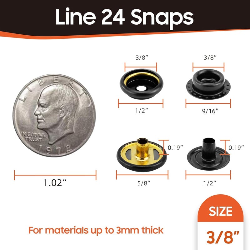 HAPDEN 160 Pcs Snap Buttons,Snap Fasteners Kit 15mm Stainless Steel Snaps Marine Grade Boat Canvas Snaps,3/8" Socket Metal Snaps for Clothing Leather Boat Cover Fabric (Regular-Black) - Image 3